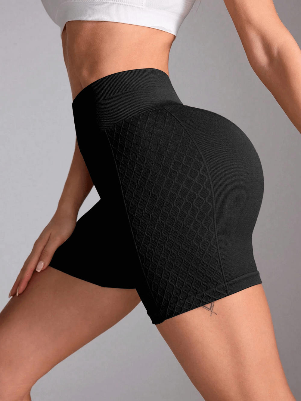 Textured High Waist Workout Shorts for Women - SF4130, featuring seamless knit design and textured side panels for gym training and yoga.