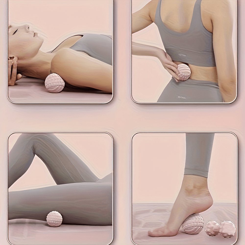 Woman using textured massage ball SF2837 for deep muscle relief, targeting neck, back, leg, and foot pain recovery exercises.