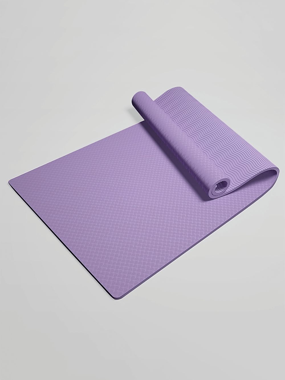 Purple textured yoga mat SF2872 rolled out, showcasing grip surface for stability. Perfect for home workouts and easy storage.