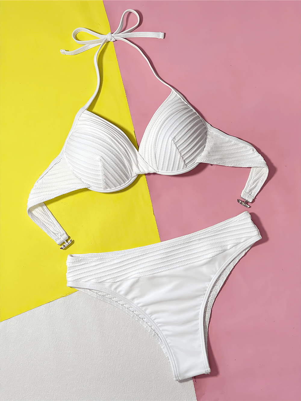 Textured Underwire Bikini Set for Women - SF4761 halter-style top and low waist bottom in white with ribbed finish.
