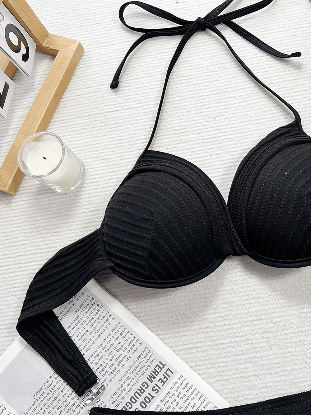 Textured Underwire Bikini Set for Women - SF4761 black halter swimwear top with ribbed finish and underwire support.