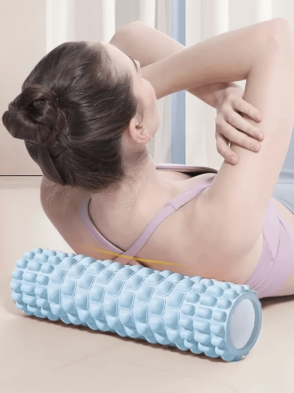 Woman using Textured Yoga Foam Roller for Deep Muscle Massage - SF3491 for fitness and recovery.