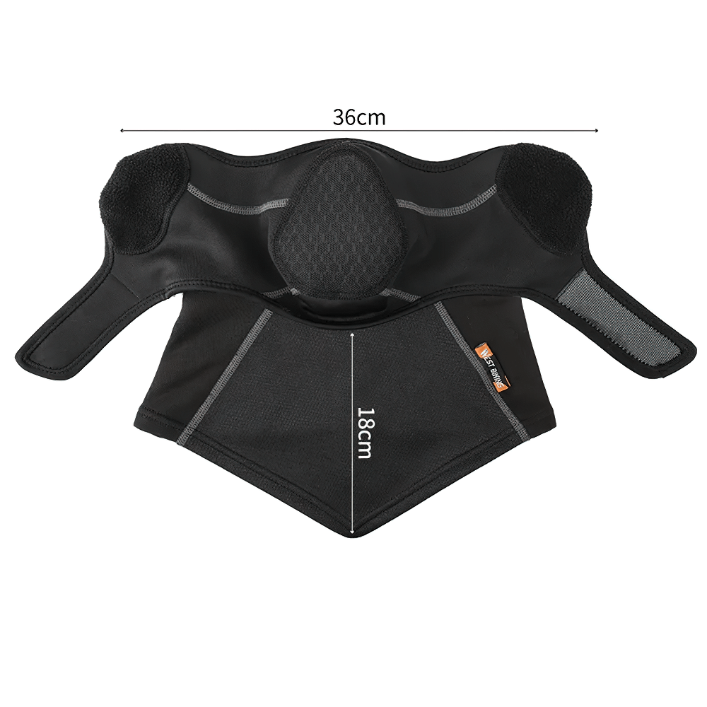 Black thermal balaclava with breathable mesh and ear protection, measuring 36cm by 18cm. Ideal for cold weather sports like skiing.