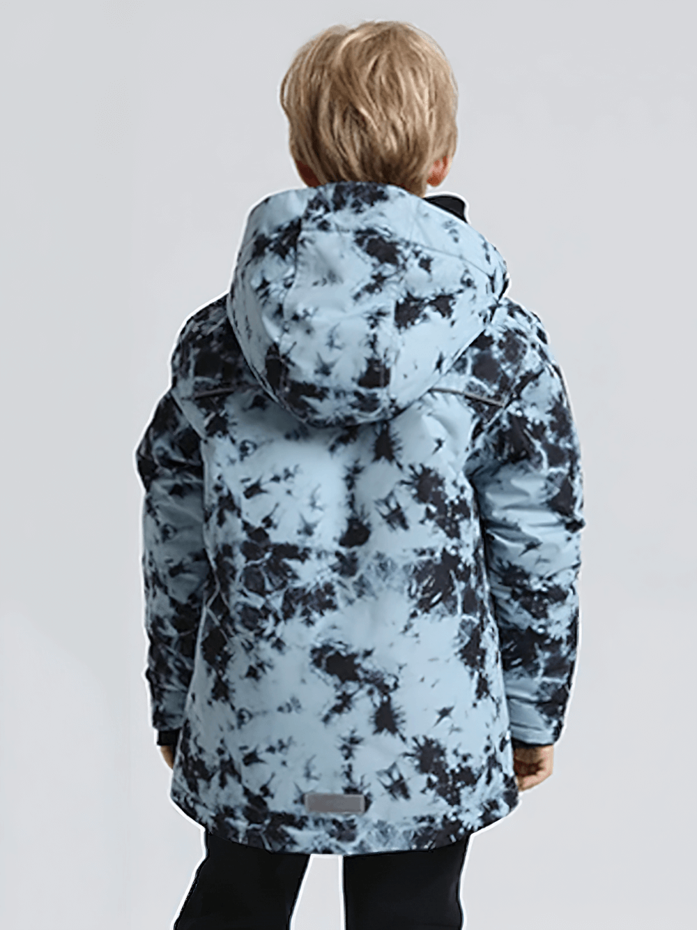 Boy wearing Thermal Coldproof Skiing Jacket for Snow Sports - SF3581, showcasing the waterproof and coldproof features from behind.