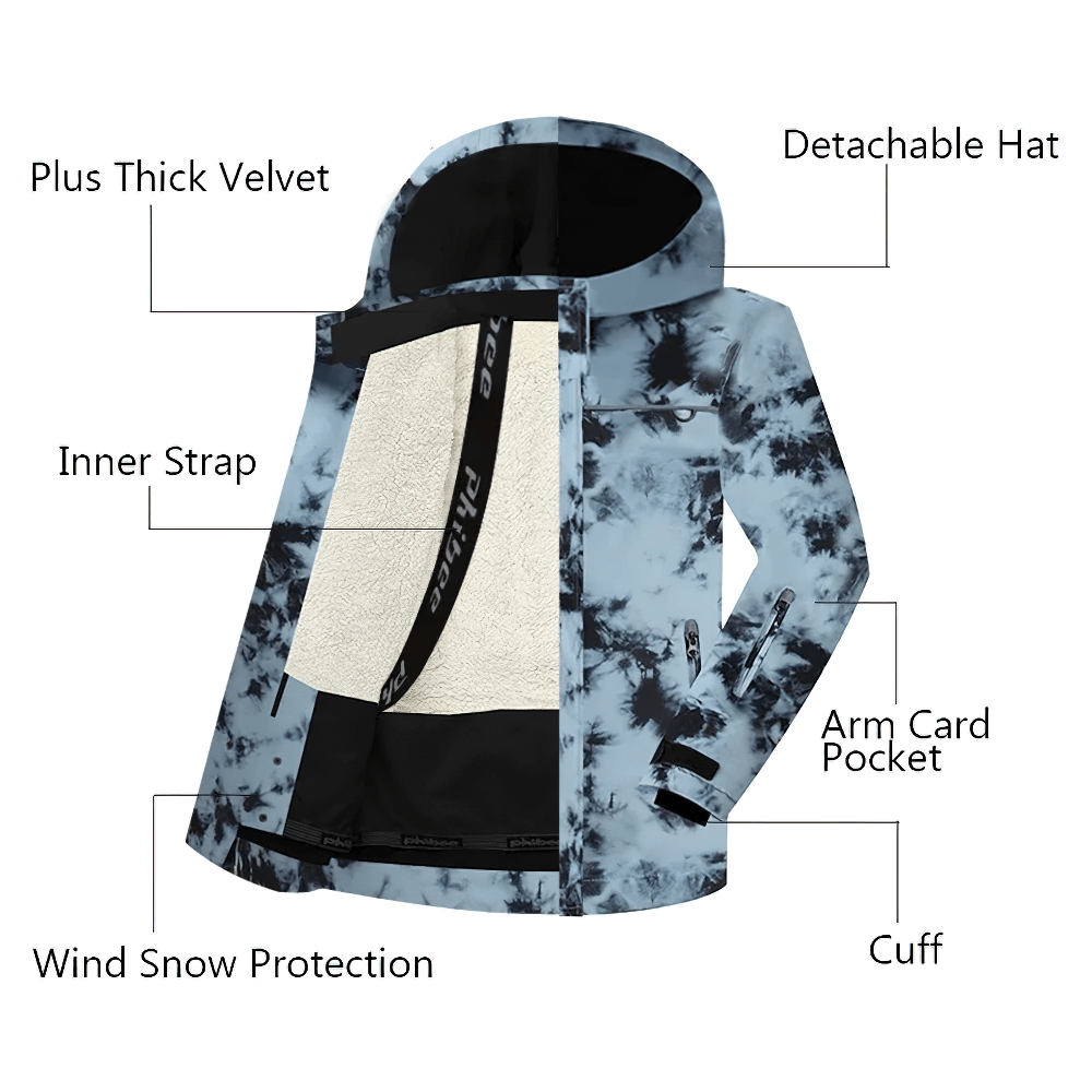 Thermal Coldproof Skiing Jacket for Snow Sports - SF3581 with detachable hat, thick velvet, inner strap, wind snow protection, arm card pocket