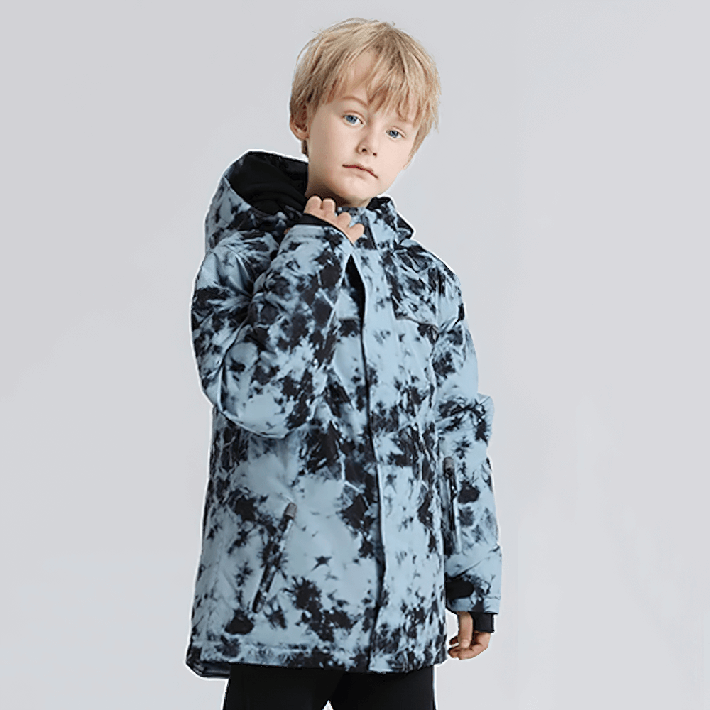 Boy wearing Thermal Coldproof Skiing Jacket for Snow Sports - SF3581, staying warm in a stylish waterproof snowboarding coat.