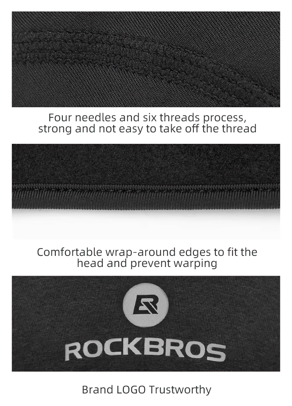 Close-up details of cycling beanie with RockBros logo, showcasing the strong stitching and comfortable wrap-around edges.