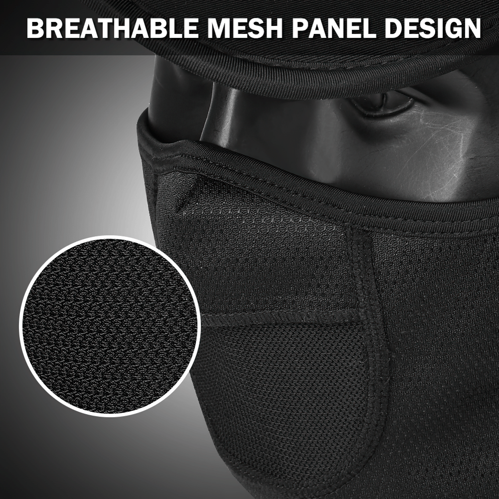 Close-up of thermal cycling cap with breathable mesh panel design for full face and neck coverage, in black