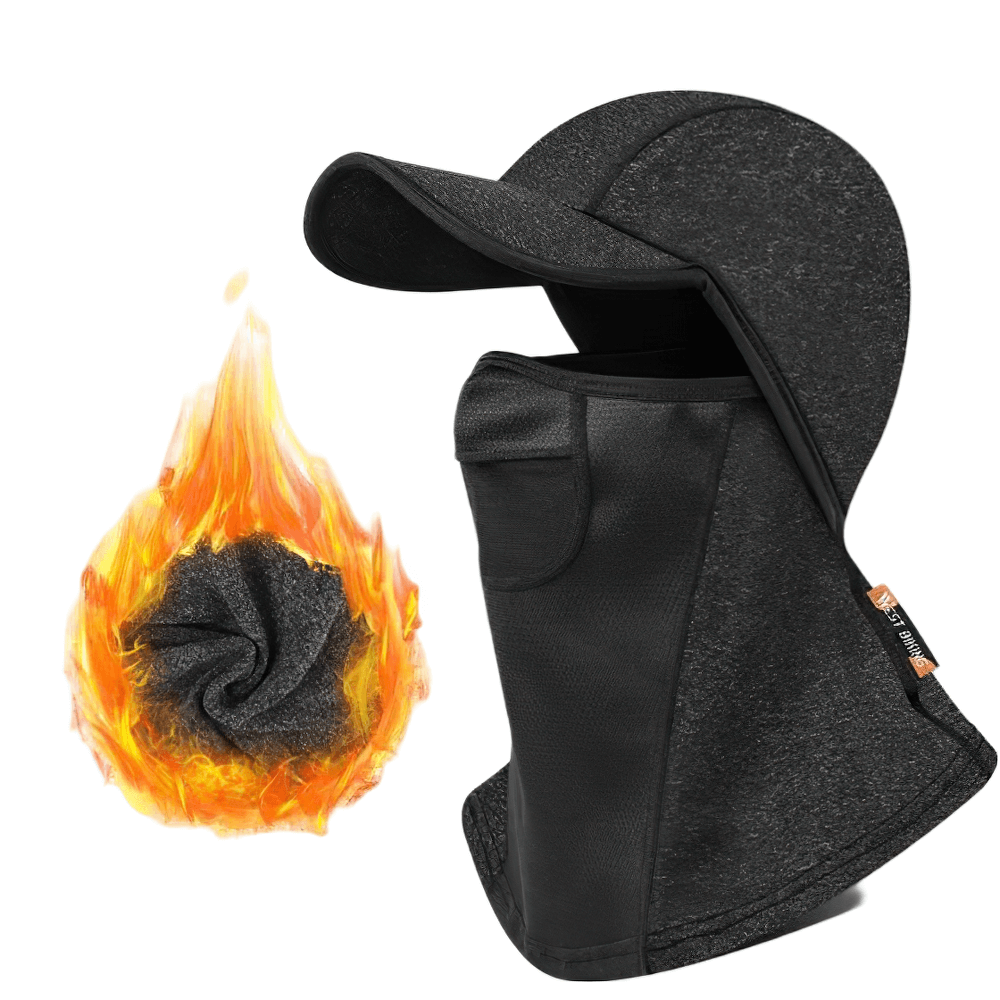 Thermal cycling cap with full face and neck coverage, featuring a solid black design, perfect for winter sports protection.