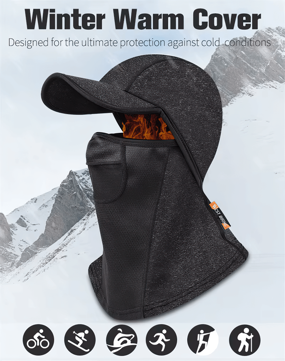 Alt Tag: Thermal cycling cap with full face and neck coverage for winter sports, featuring durable fabric against snowy mountain backdrop.