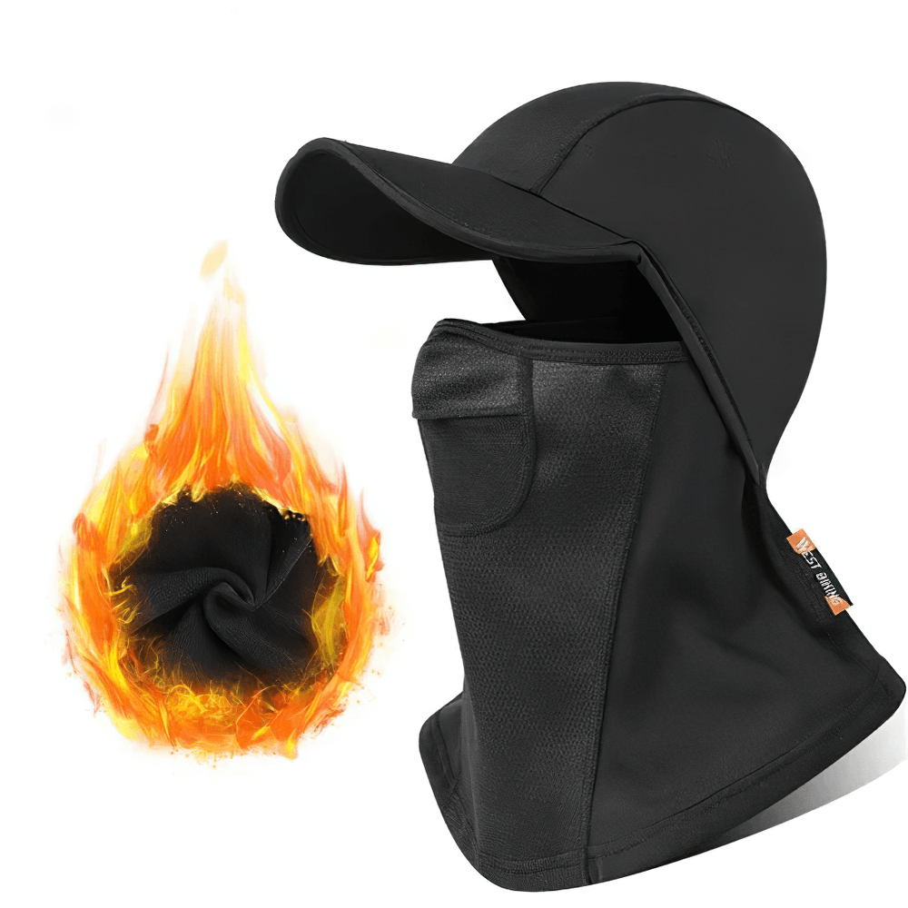 Winter cycling cap with full face and neck coverage, made from black polyester, next to flame icon, perfect for cold weather sports.