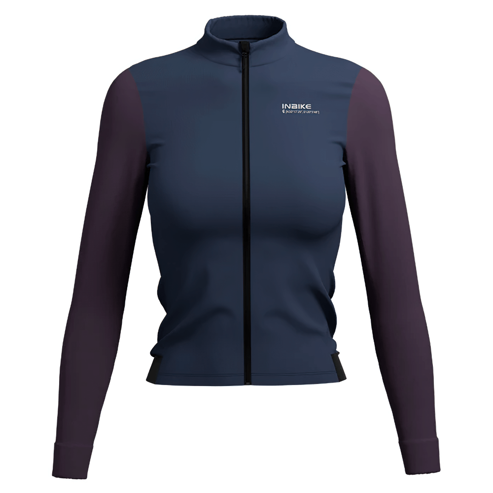 Women's thermal cycling jacket with pocket, full front zipper, windproof design, reflective details, dark blue and purple colors.