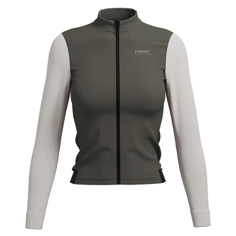 Women's thermal cycling jacket with full zipper and pockets, windproof and breathable. Ideal for autumn and spring biking.