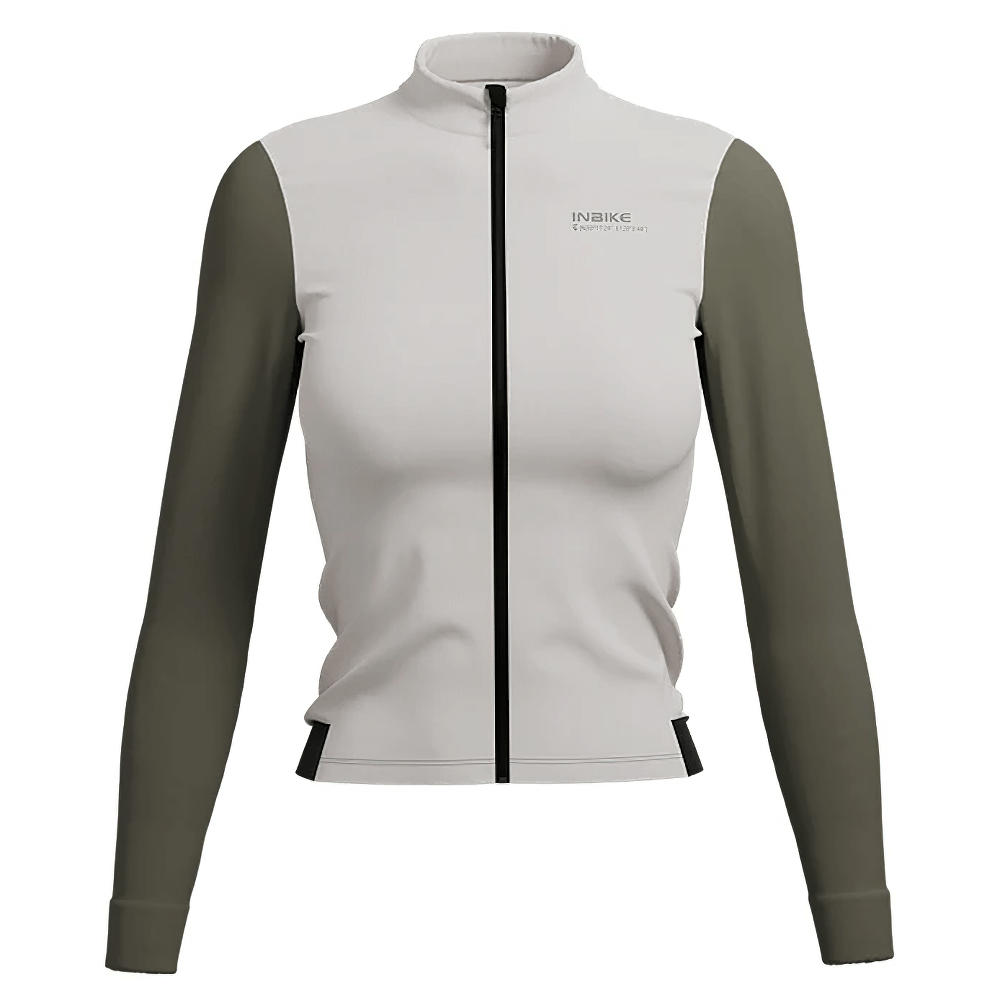 Women's thermal cycling jacket with pocket, full zipper, green sleeves, windproof and breathable, ideal for autumn and spring rides.