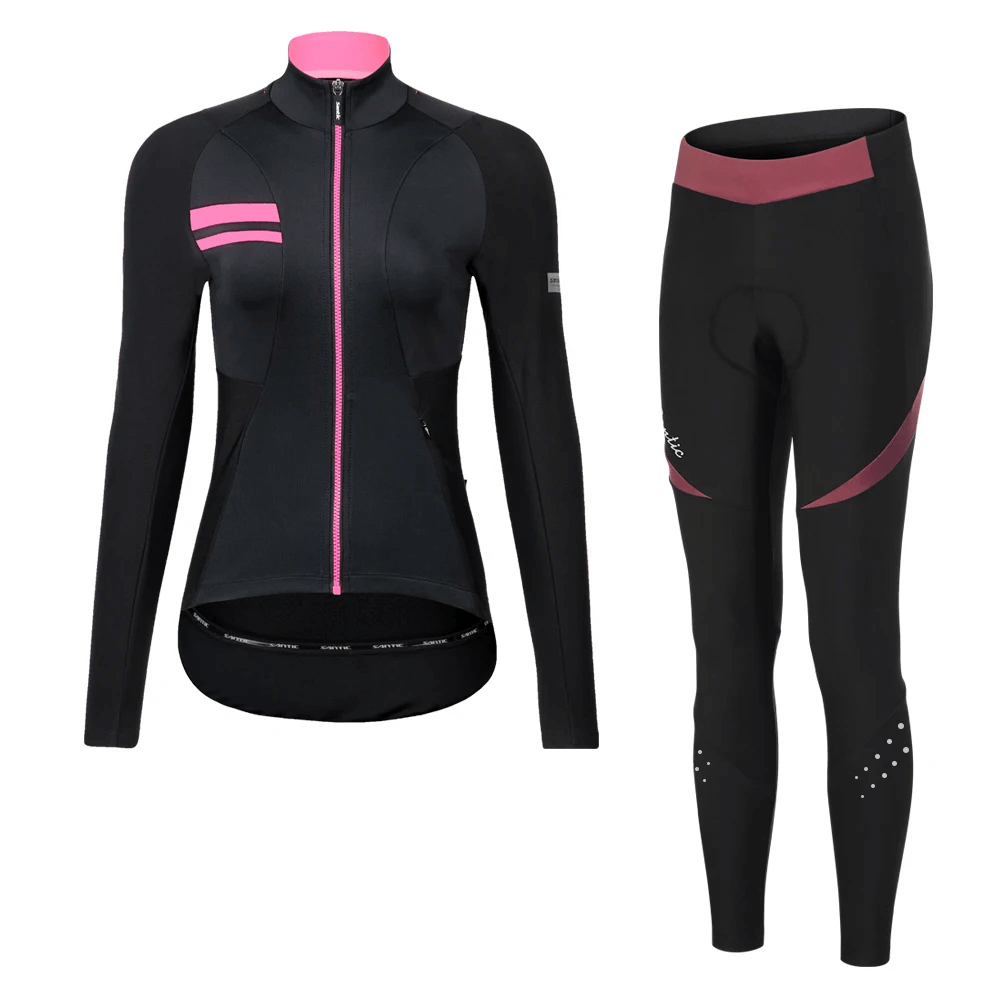 Women's thermal cycling jersey set SF2607 with padded leggings, breathable fabric, ideal for cold-weather rides, stylish and reflective.