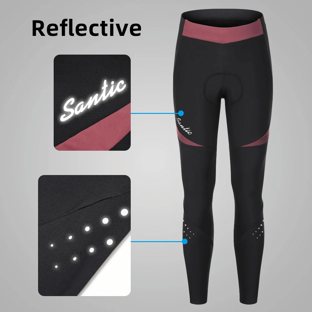 Women's padded leggings featuring reflective details for visibility during cycling rides. Stylish and functional with ergonomic fit.