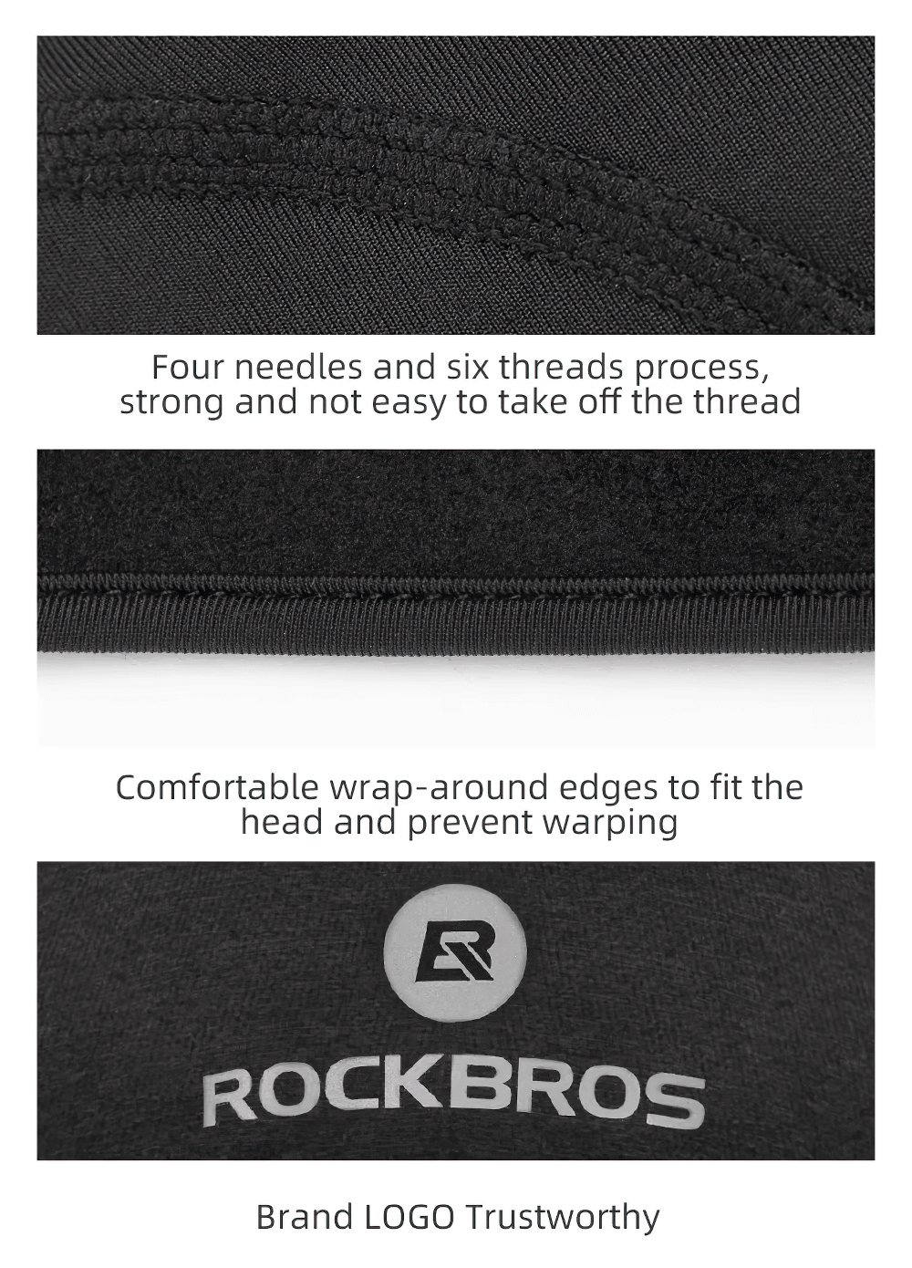 Close-up of a cycling beanie showcasing strong stitching, wrap-around edges, and a trustworthy ROCKBROS brand logo.