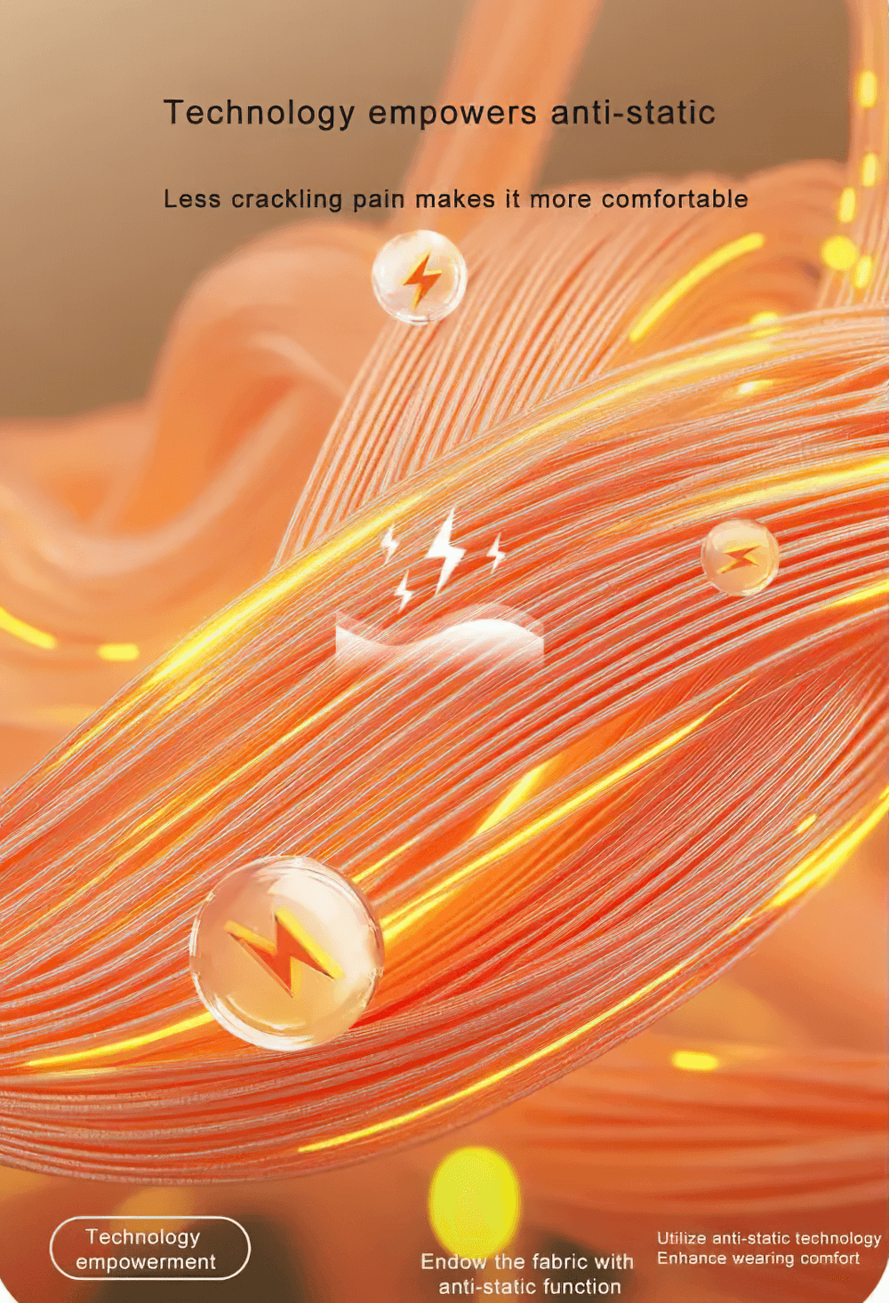 Close-up of anti-static technology in fabric, highlighting enhanced wearing comfort with energy icons and dynamic lines.