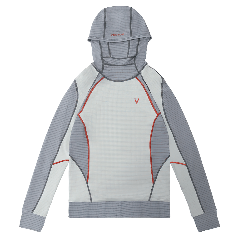 Thermal hooded top with built-in mask and nasal vents, gray and white design, designed for warmth and comfort, ideal for winter activities.