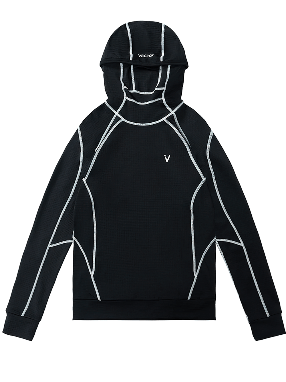 Black thermal hooded top with built-in mask, nasal vents, and reflective accents for outdoor sports and winter protection.