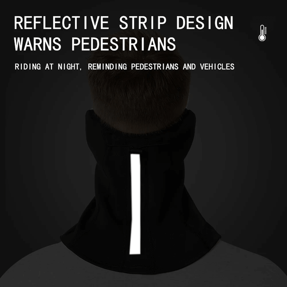 Reflective strip neck gaiter enhances visibility for pedestrians and vehicles, ideal for night riding safety.