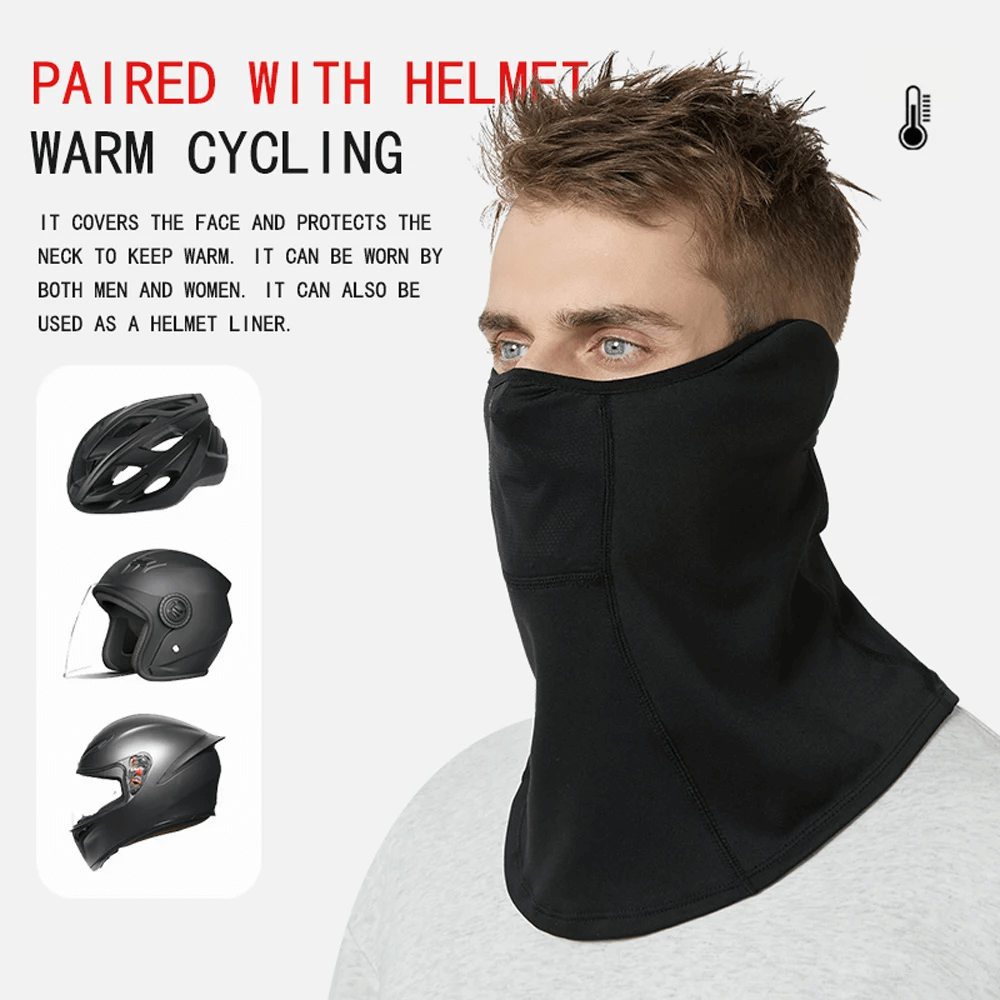 Man wearing black thermal neck gaiter for cold weather with helmet compatibility, ideal for cycling and outdoor activities.