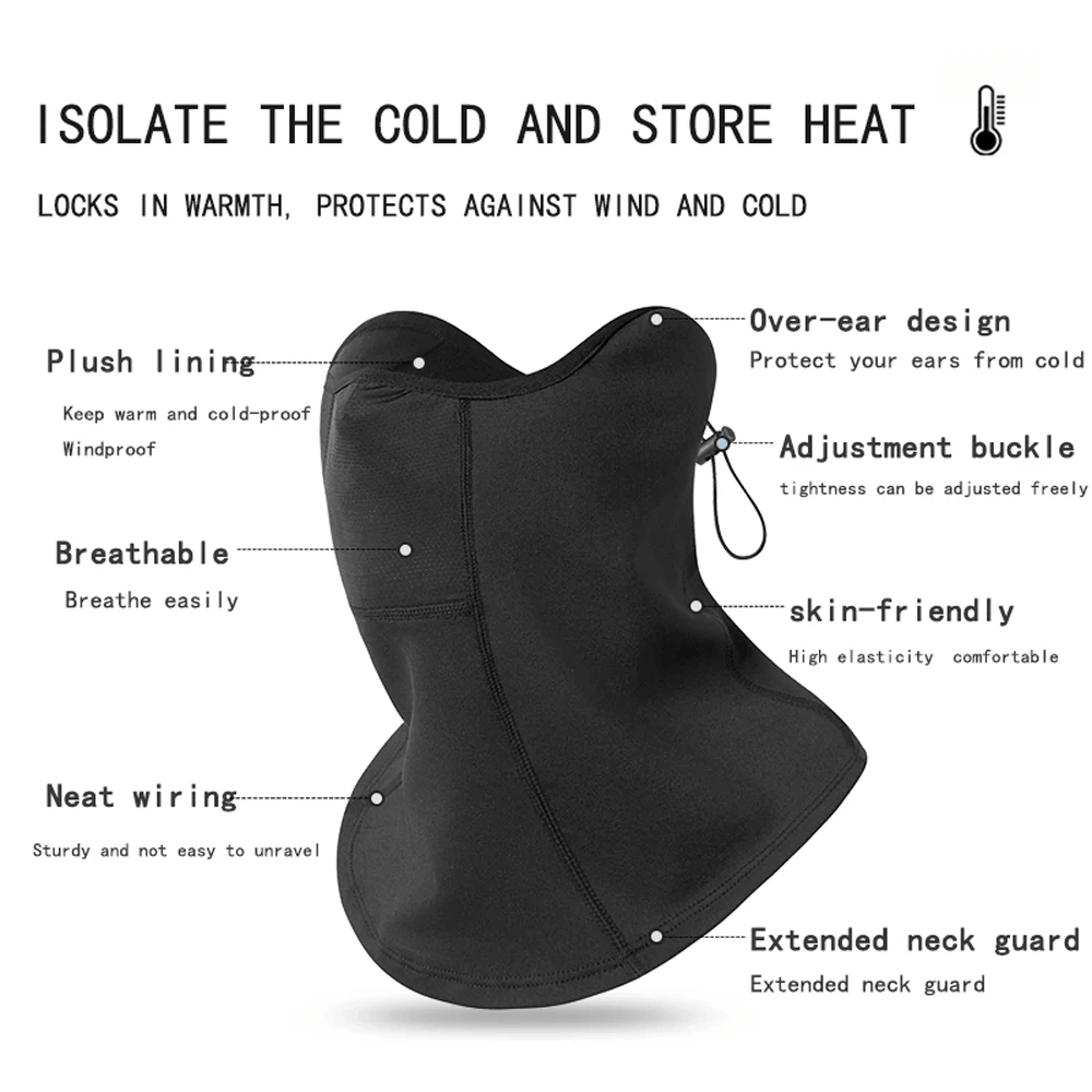 Windproof thermal neck gaiter with plush lining, over-ear coverage, extended neck guard, and adjustable buckle for cold weather protection.