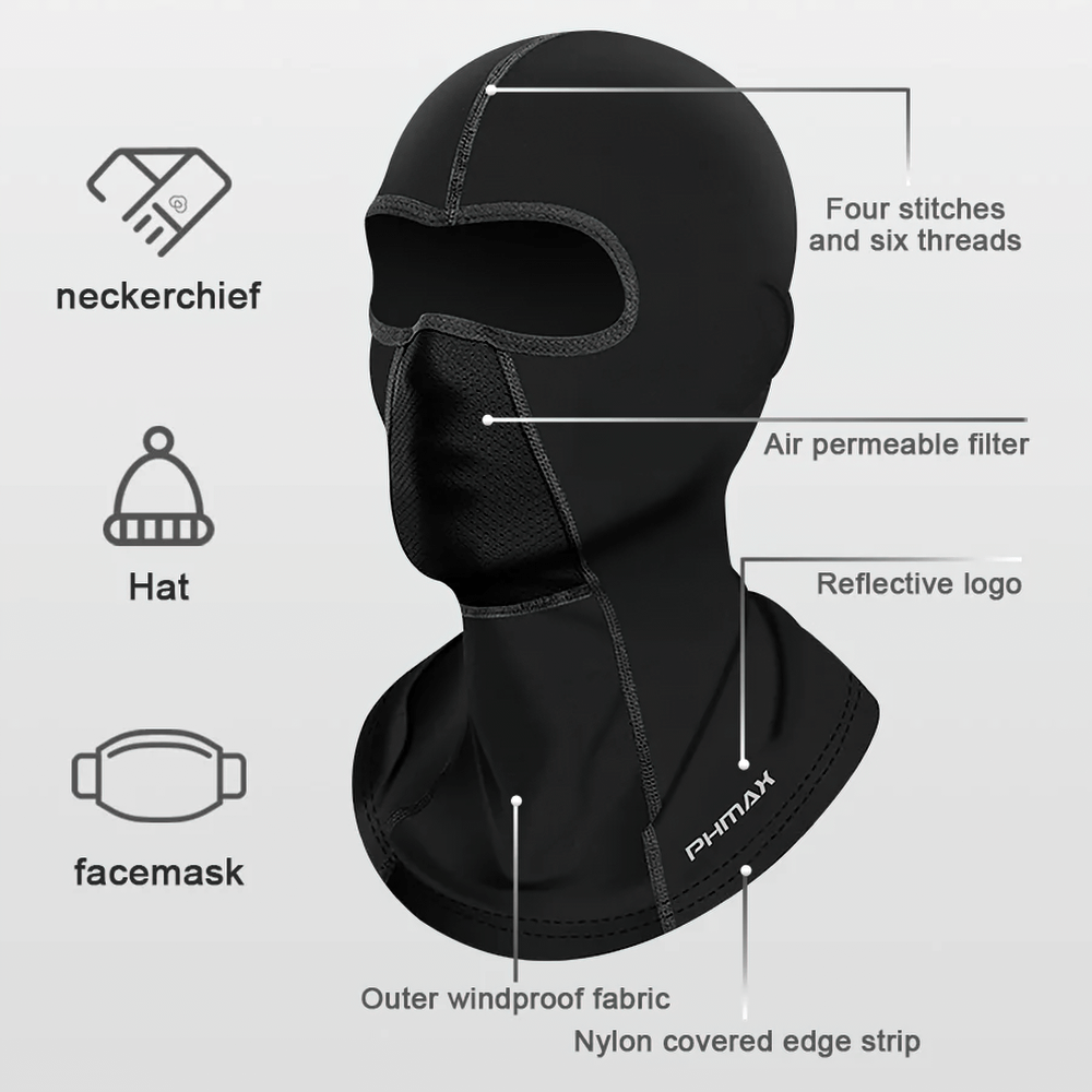 Thermal windproof balaclava with air permeable filter, reflective logo, nylon blend, and windproof fabric for cycling and skiing.