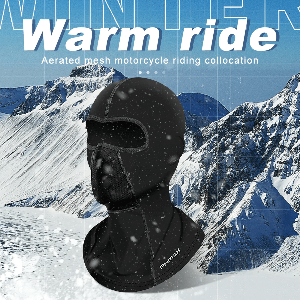 Thermal windproof balaclava for cycling and skiing with snow-covered mountains in the background, showcasing warm outdoor gear.