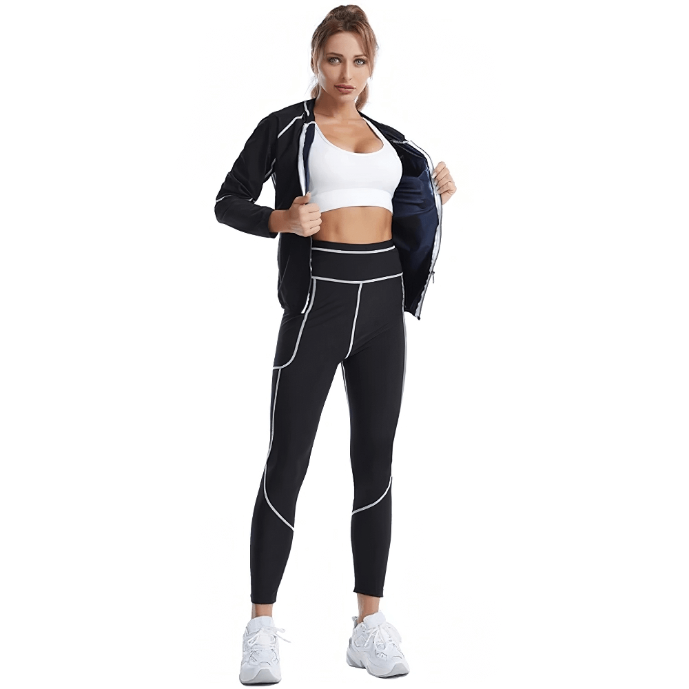 Woman wearing Thermo Leggings SF2250 for enhanced workout and fat burn, showcasing fitness style and sweat-boosting technology.