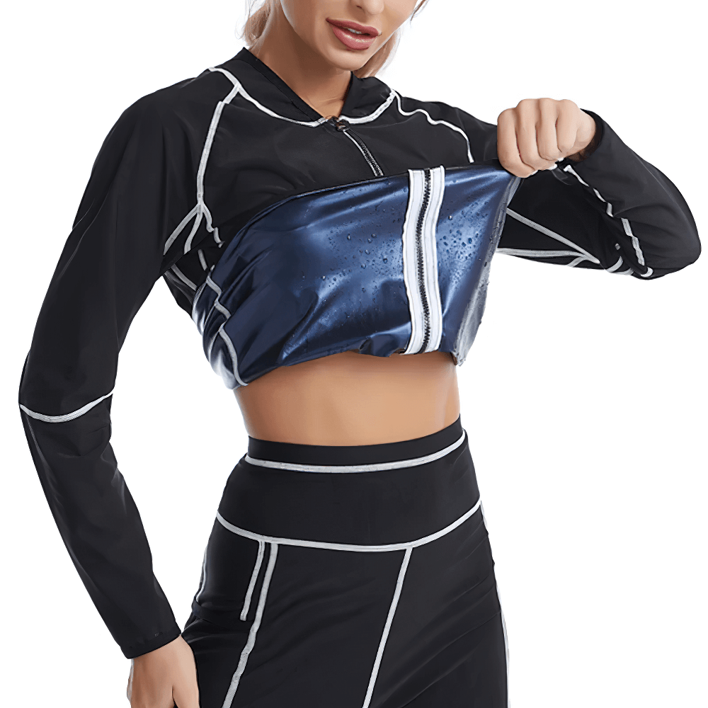 Person wearing a black and blue thermo sweat top for fitness and weight loss, SF2251, showcasing inner sweat-inducing material.
