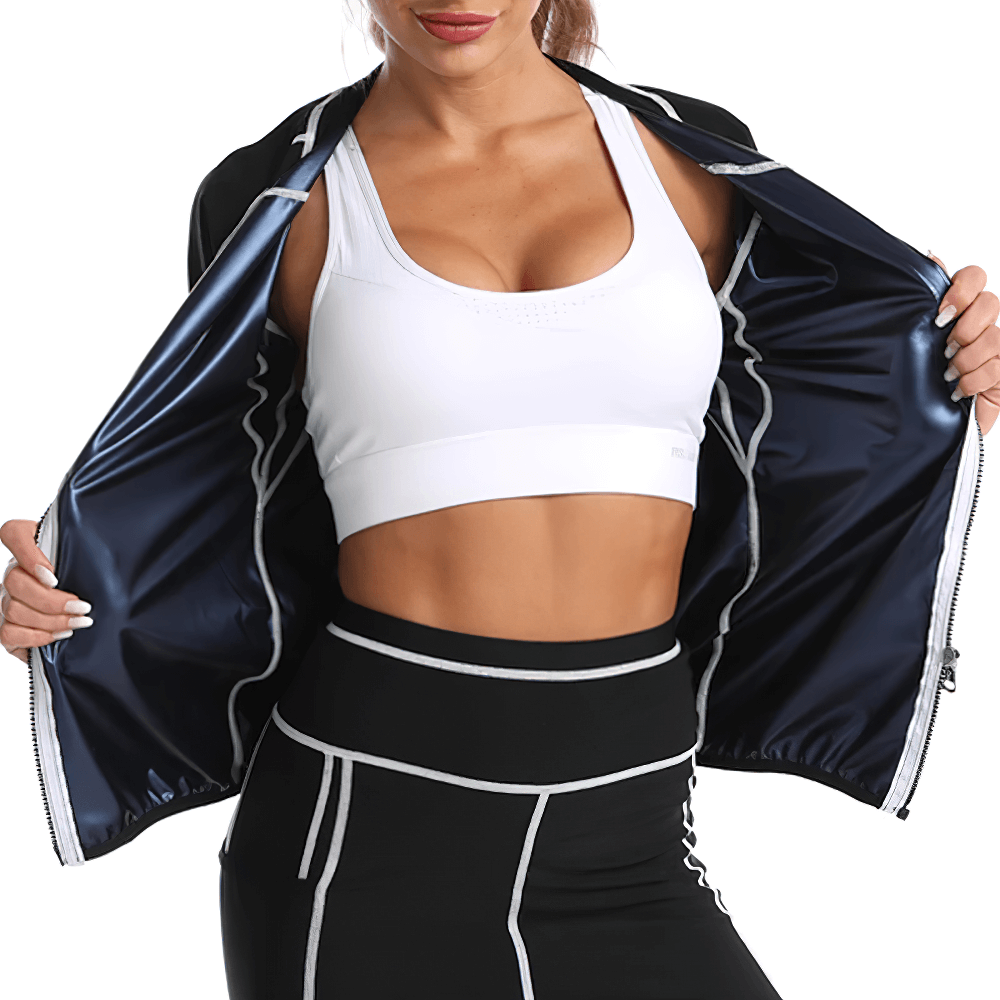 Woman wearing Thermo Sweat Top SF2251, ideal for workouts and weight loss, showing inside of exercise jacket for enhanced calorie burn.