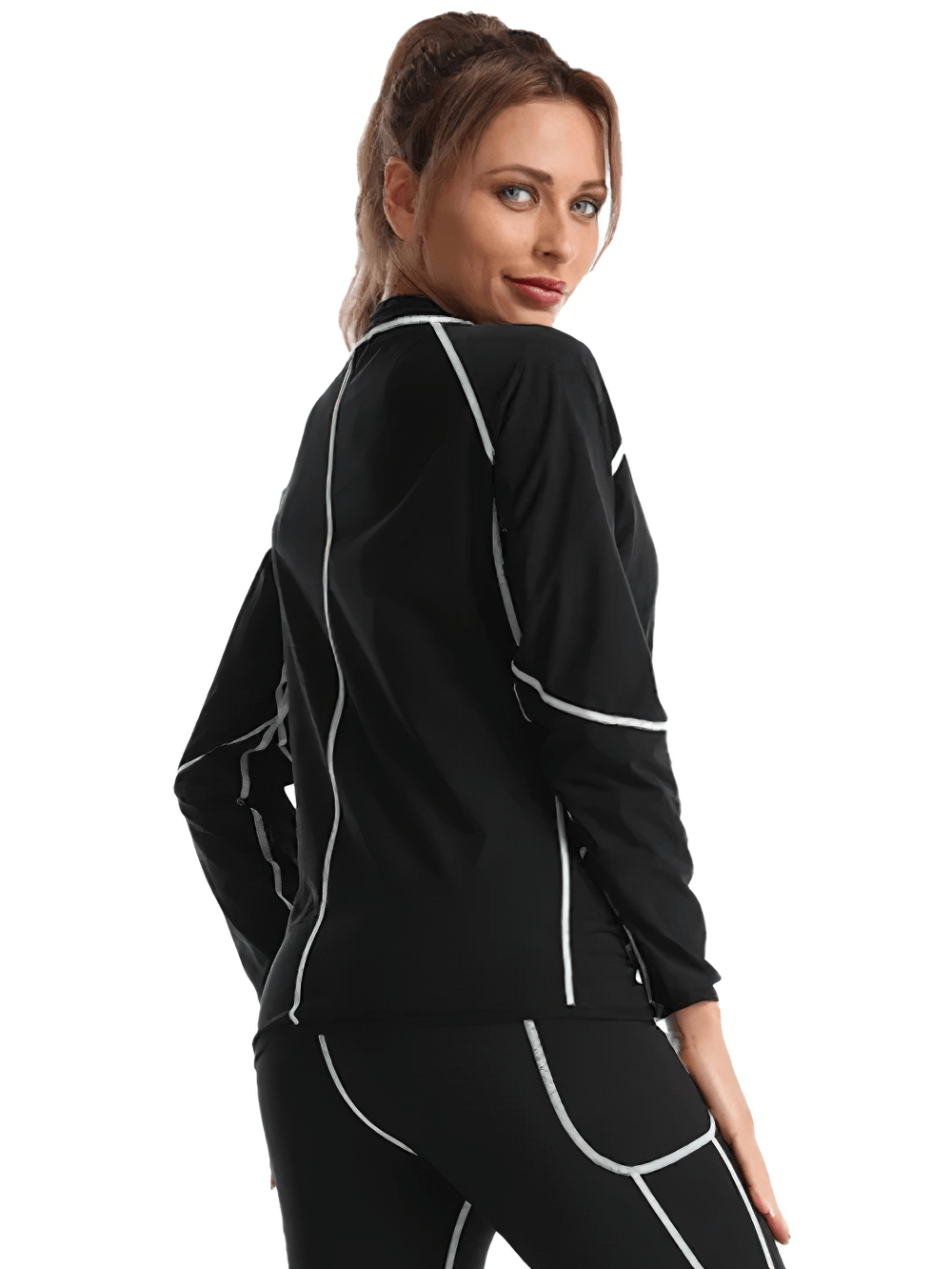 Woman wearing black thermo sweat top for fitness and weight loss, designed to enhance workouts and maximize calorie burn.
