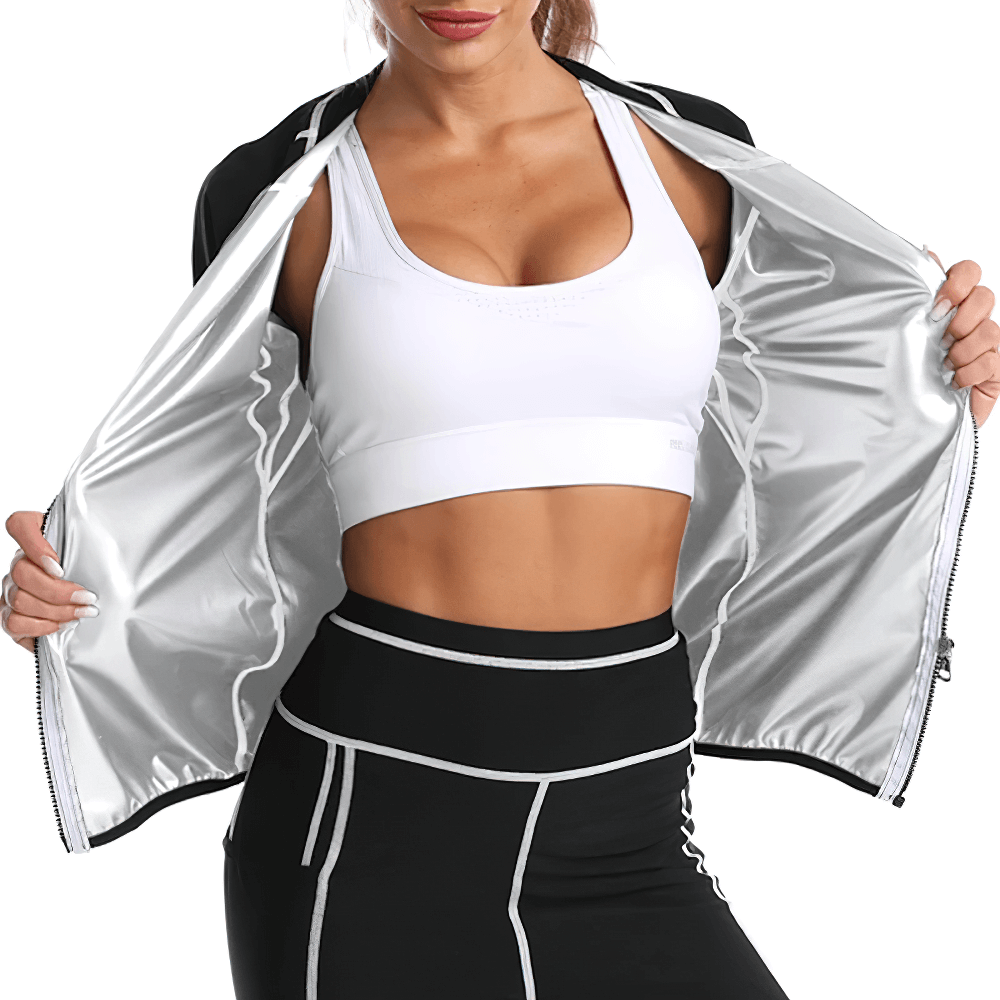 Woman wearing thermo sweat top designed for fitness and weight loss, showcasing the reflective interior for enhanced sweat during workouts.
