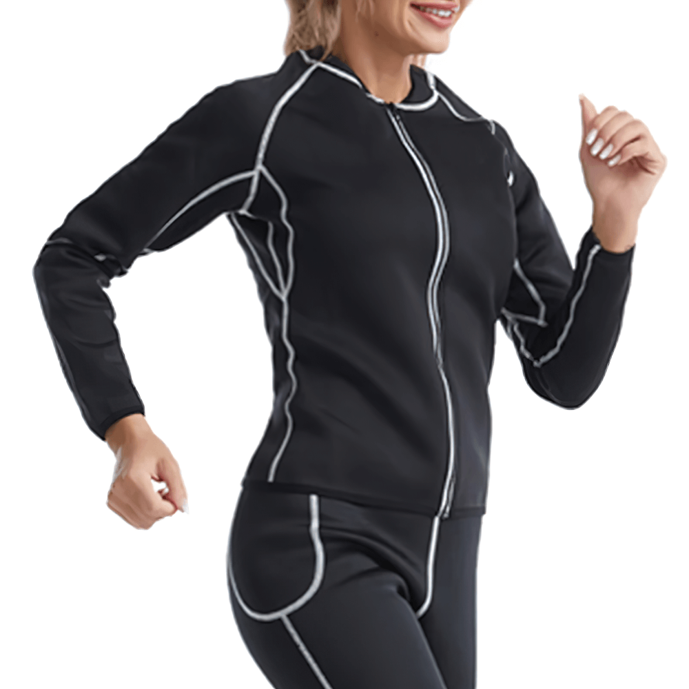 Woman wearing Thermo Sweat Top SF2251 for fitness and weight loss, designed to boost calorie burn and enhance workout results.