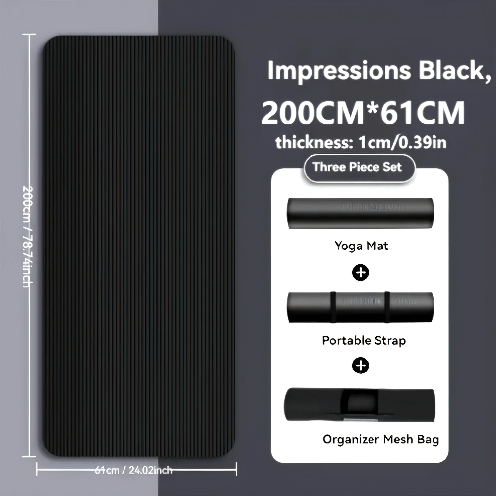 Thick black NBR exercise mat with strap and bag, 200cm x 61cm, thickness 1cm. Ideal for yoga and floor workouts.
