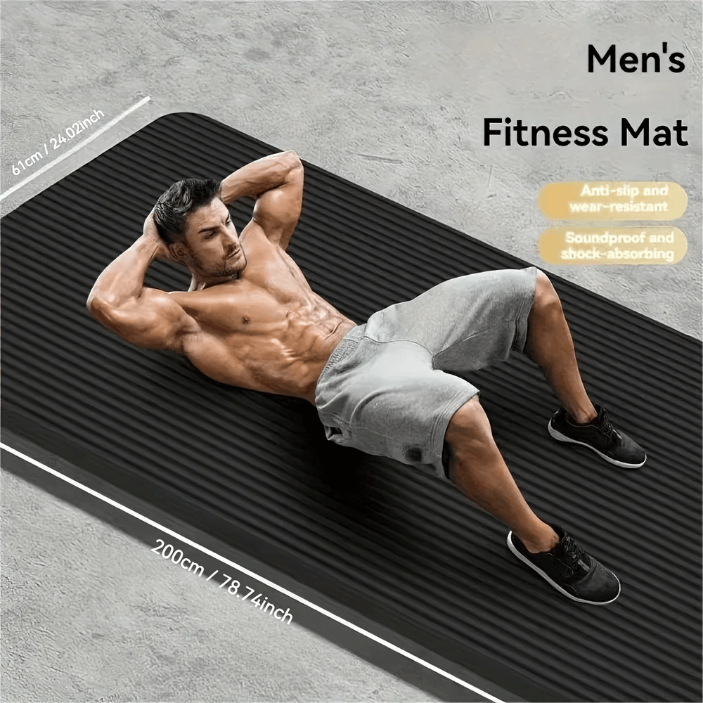 Man exercising on a thick black NBR mat, showcasing joint support and shock absorption qualities, perfect for floor workouts.