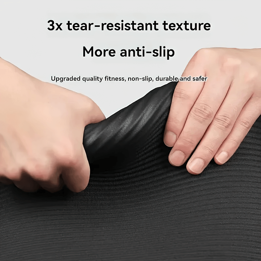 Hands demonstrate tear-resistant, anti-slip surface of NBR exercise mat, perfect for joint support and stability during workouts.
