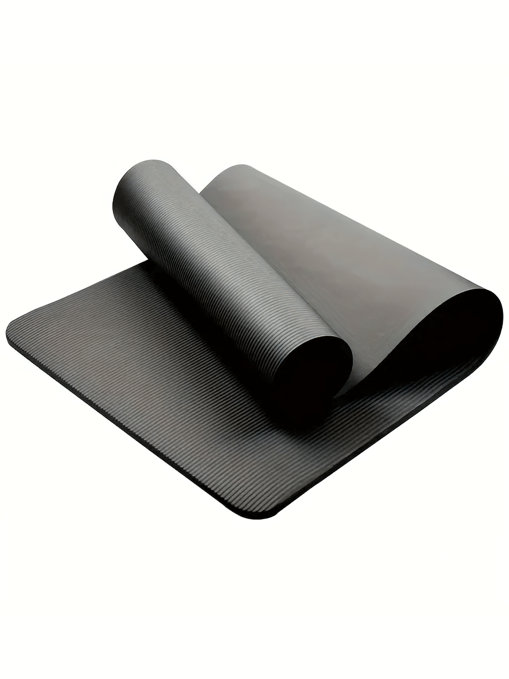 Thick black NBR yoga mat for joint support and shock absorption, perfect for home and gym workouts, offering a non-slip surface.