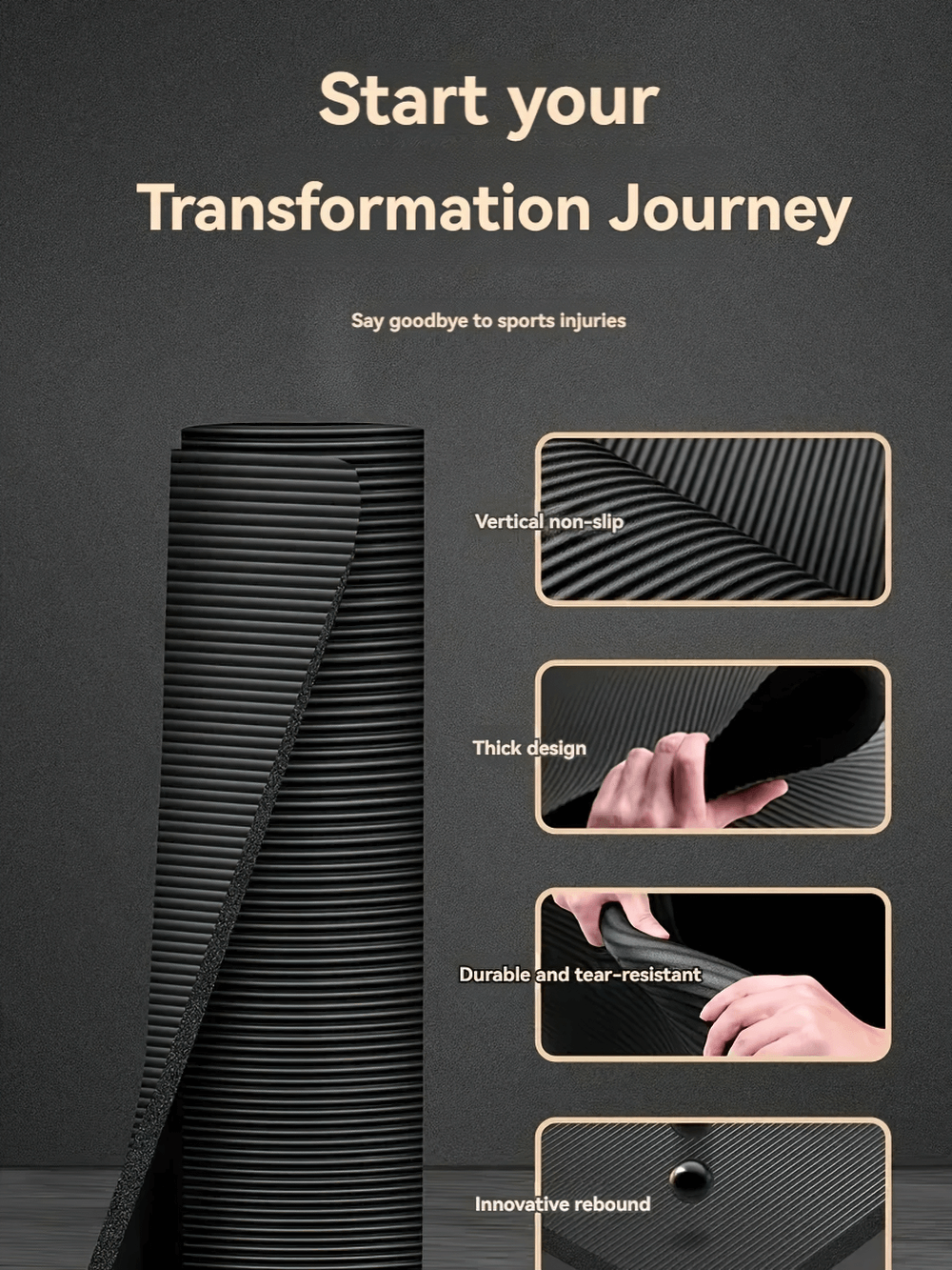 Stack of black exercise mats with close-ups showing non-slip surface, thickness, durability, and rebound features. Text: Start your Transformation Journey.