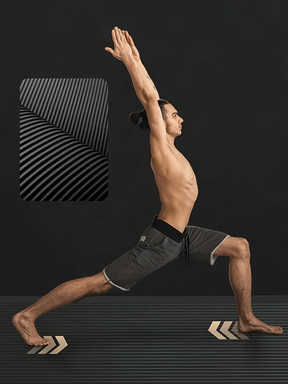 Man performing yoga on thick black NBR exercise mat showcasing its non-slip, shock-absorbing surface for joint support.