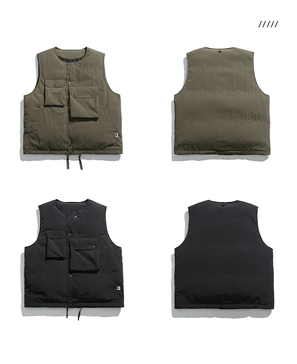 Thick duck down vest with pockets, available in olive and black colors, perfect for outdoor adventures and layering.