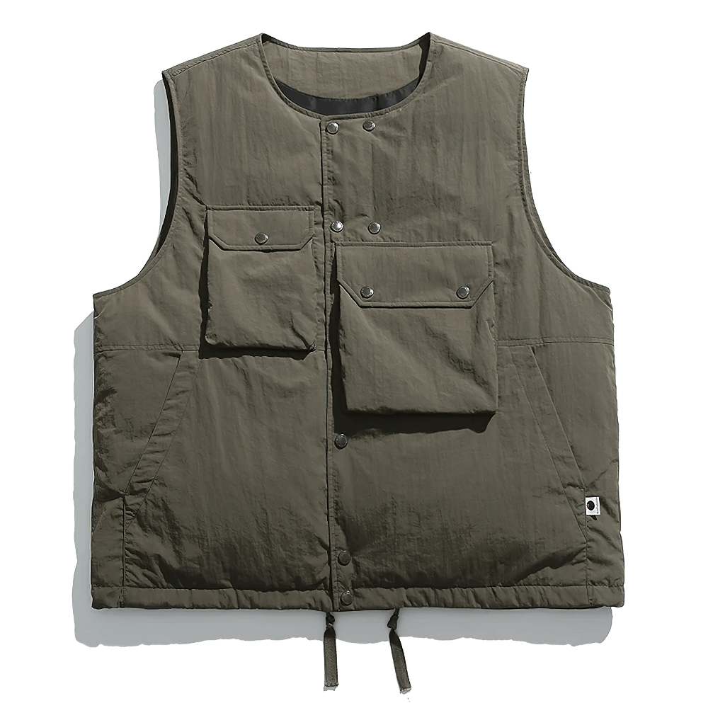 Alt Tag: Olive green duck down vest with functional pockets, broadcloth fabric, perfect for casual and outdoor wear, model SF2277.