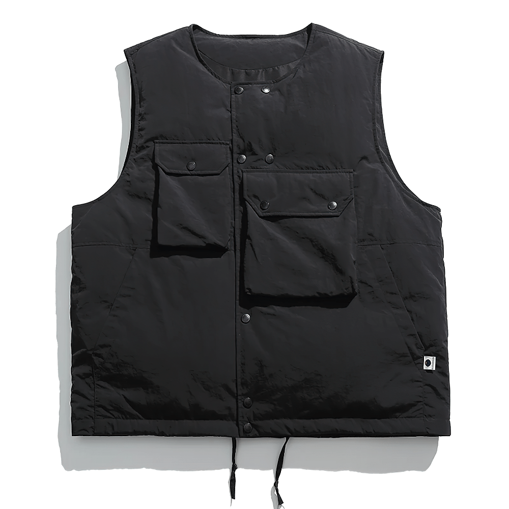 Black nylon duck down vest with pockets, sleeveless outdoor style, SF2277.
