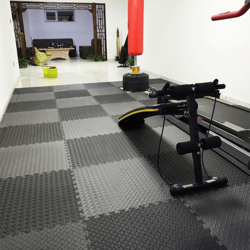 Thick EVA Foam Exercise Mats for Indoor Flooring - SF3464 in home gym with equipment. Anti-slip protective mats enhancing workout space.