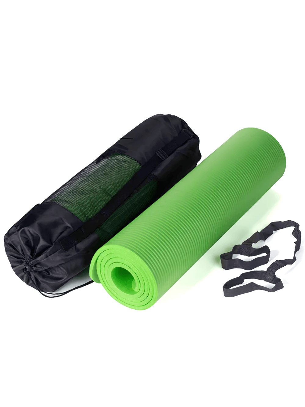 Thick non-slip green yoga and Pilates mat with black carrying bag and strap, ideal for fitness and home workouts.