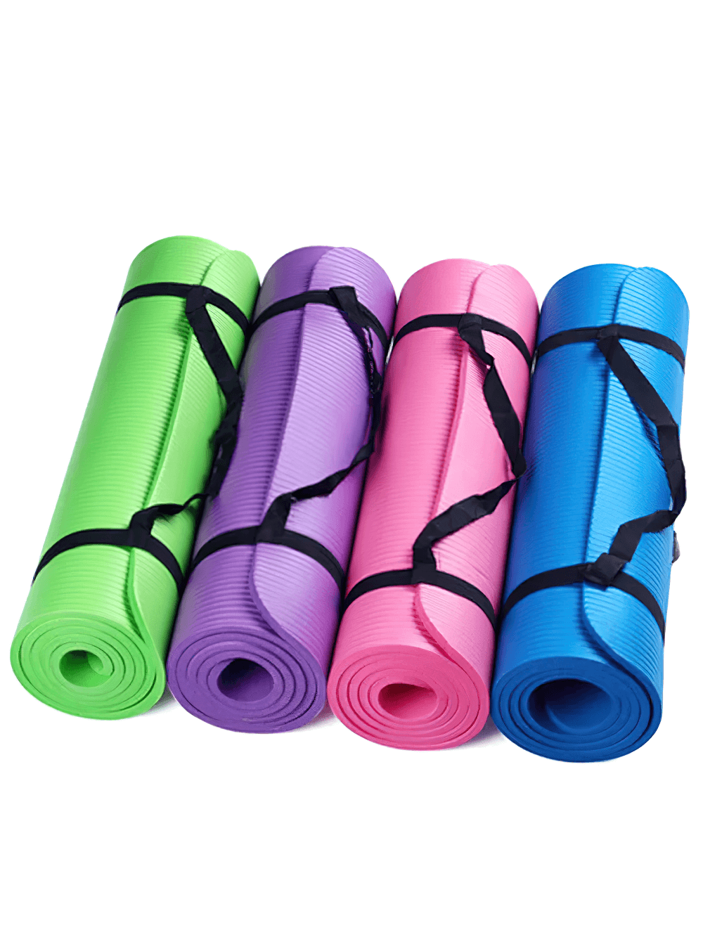 Colorful thick non-slip yoga and Pilates mats rolled up with straps, ideal for fitness routines and floor exercises.