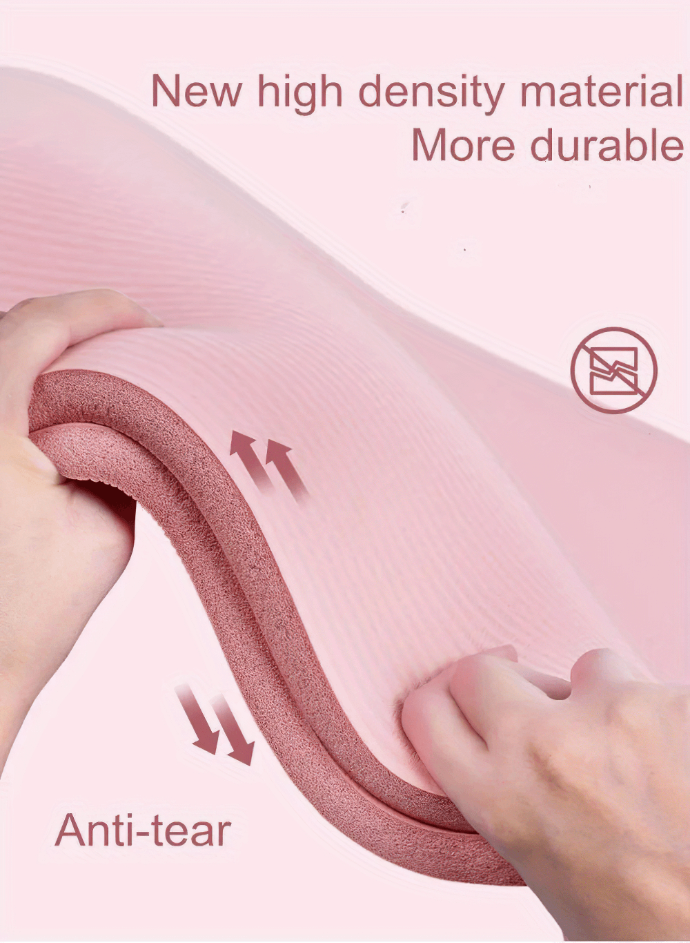 Close-up of a thick pink non-slip yoga mat demonstrating its high density, durability, and anti-tear features.