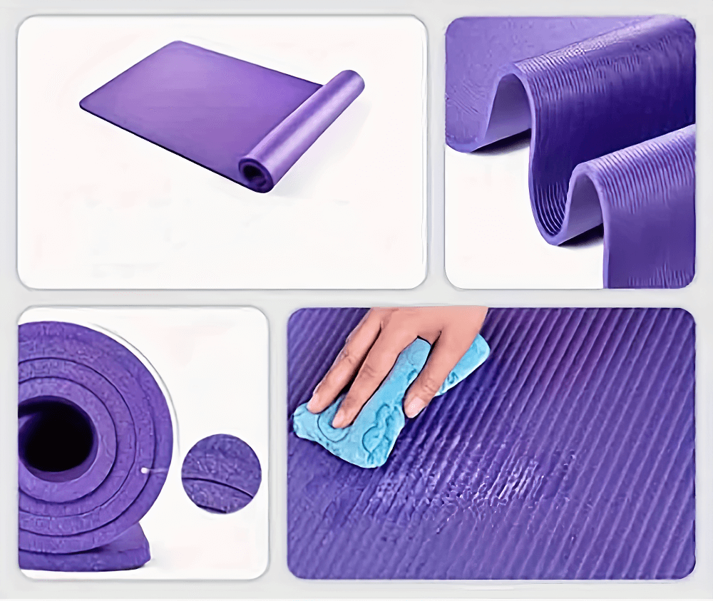 Collage of solid purple non-slip yoga mat showing texture, rolled form, and easy cleaning feature for home and gym exercises.