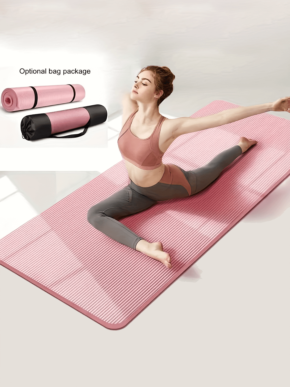 Woman performing yoga on a pink non-slip mat with optional bag package shown in the corner.